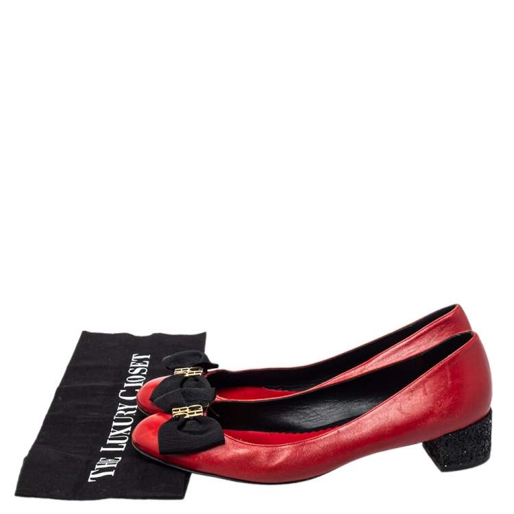 Pre Owned CH Carolina Herrera Red/Black Leather Bow Ballet Flats Size 41 
