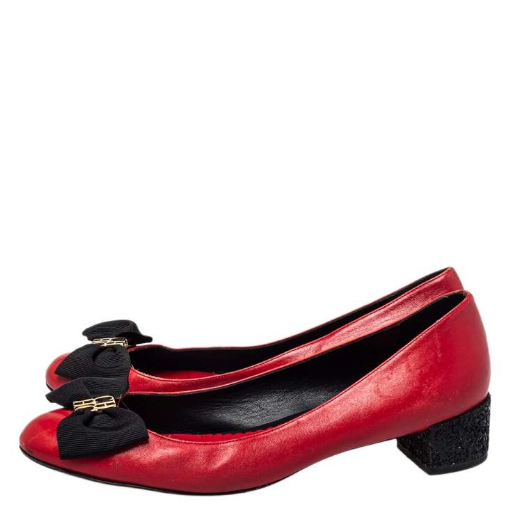 Pre Owned CH Carolina Herrera Red/Black Leather Bow Ballet Flats Size 41 