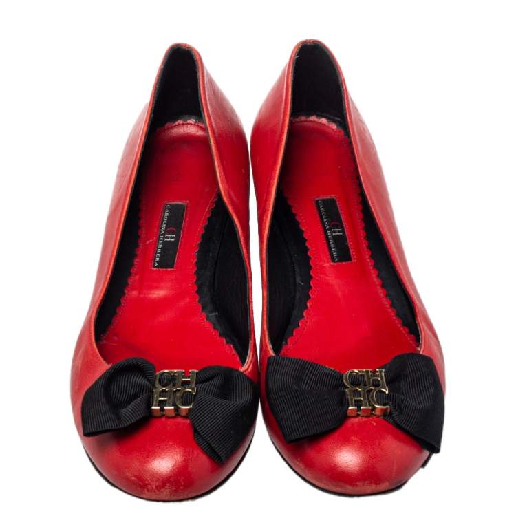 Pre Owned CH Carolina Herrera Red/Black Leather Bow Ballet Flats Size 41 