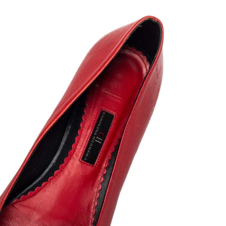 Pre Owned CH Carolina Herrera Red/Black Leather Bow Ballet Flats Size 41 