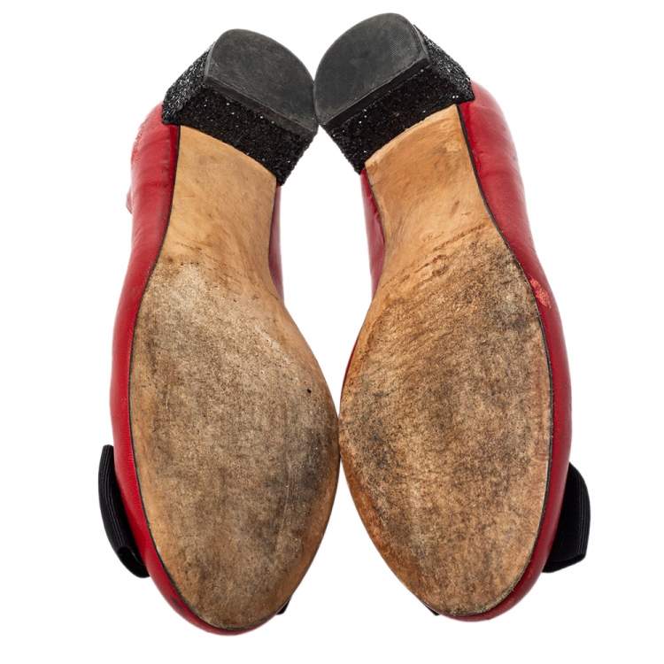 Pre Owned CH Carolina Herrera Red/Black Leather Bow Ballet Flats Size 41 