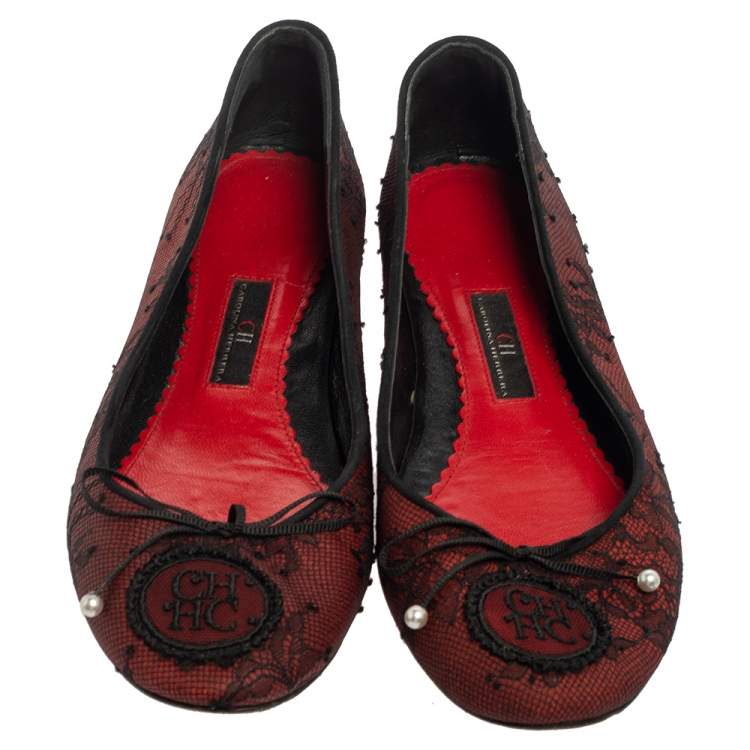 Pre Owned CH Carolina Herrera Black/Burgundy Lace Bow Ballet Flats Size 37