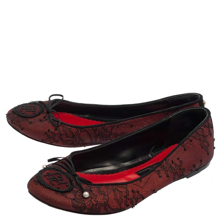 Pre Owned CH Carolina Herrera Black/Burgundy Lace Bow Ballet Flats Size 37