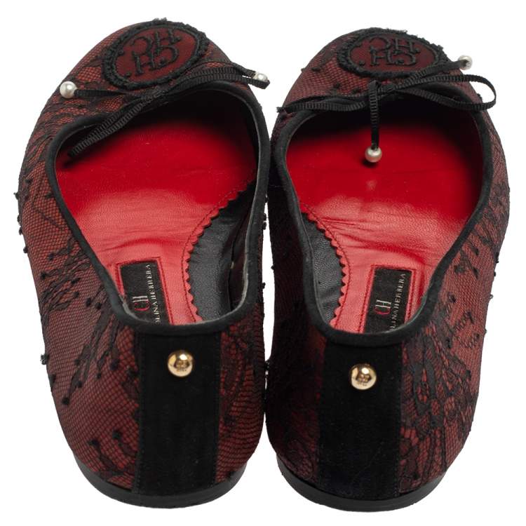 Pre Owned CH Carolina Herrera Black/Burgundy Lace Bow Ballet Flats Size 37