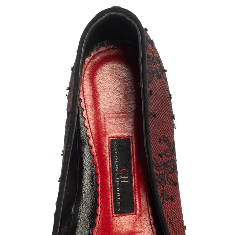 Pre Owned CH Carolina Herrera Black/Burgundy Lace Bow Ballet Flats Size 37