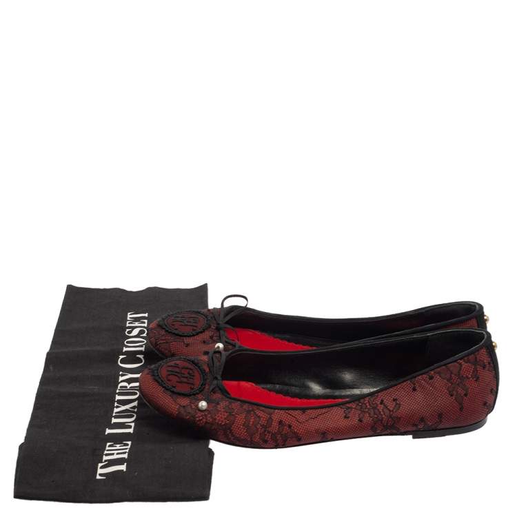 Pre Owned CH Carolina Herrera Black/Burgundy Lace Bow Ballet Flats Size 37
