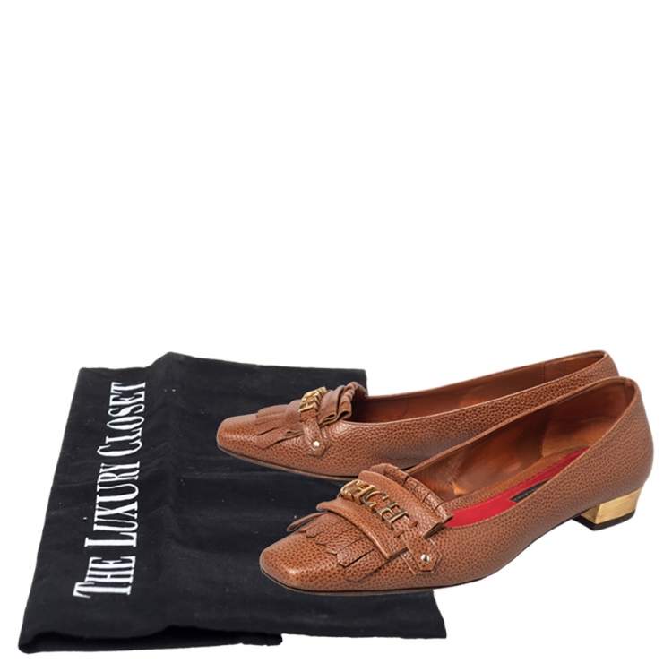 Pre Owned CH Carolina Herrera Brown Logo Embellished Fringe Detail Loafers Size 41