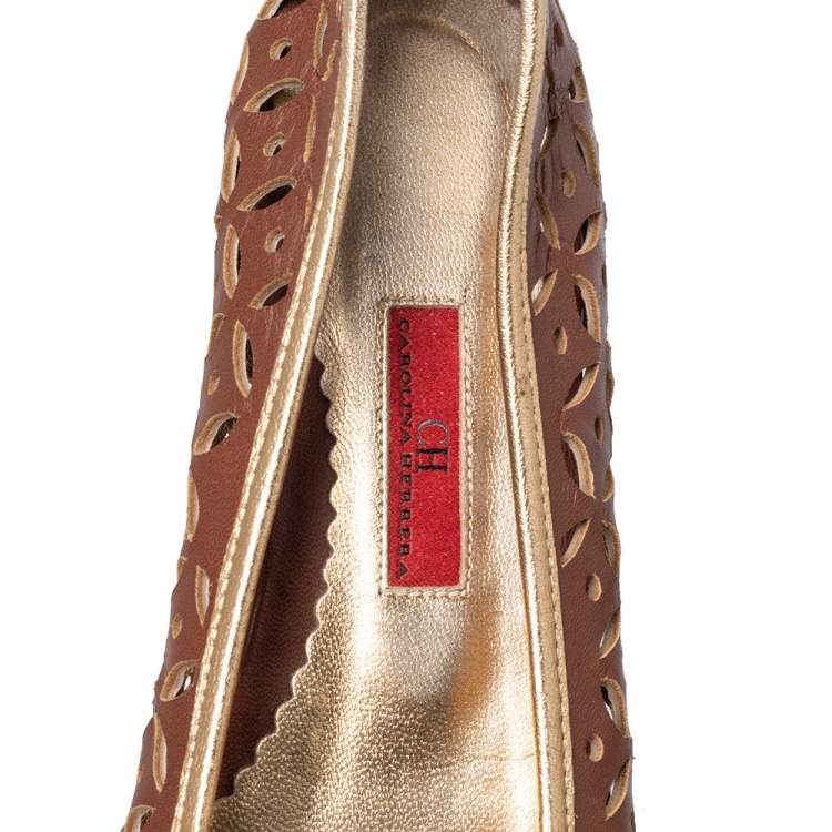 Pre Owned CH Carolina Herrera Brown Floral Cut Out Leather Bow Ballet Flats Size 38