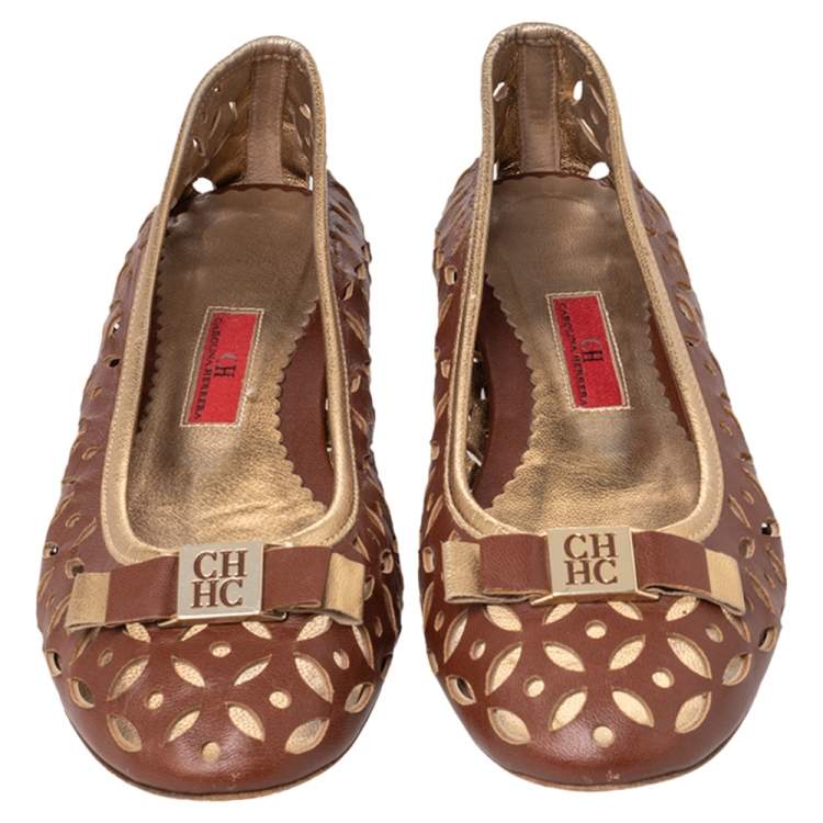 Pre Owned CH Carolina Herrera Brown Floral Cut Out Leather Bow Ballet Flats Size 38