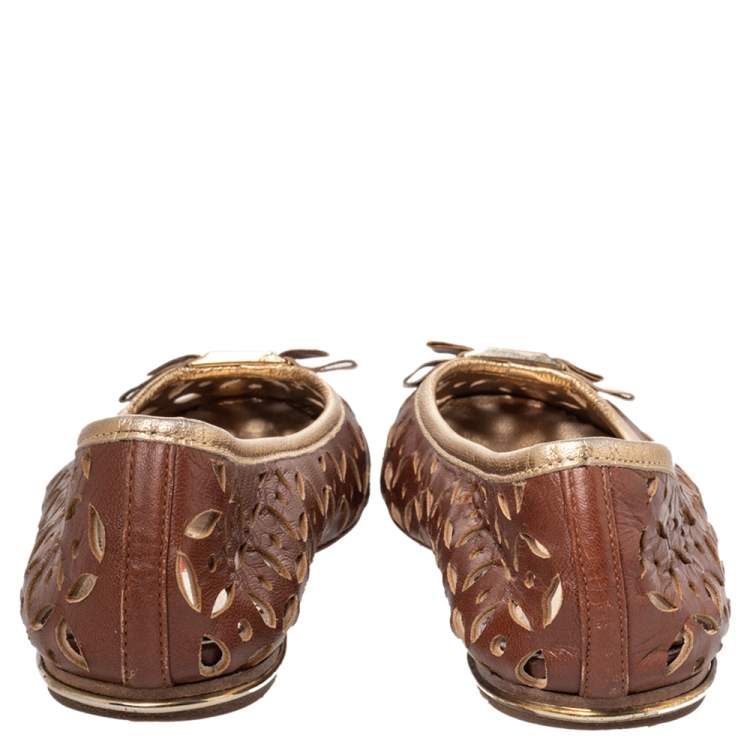 Pre Owned CH Carolina Herrera Brown Floral Cut Out Leather Bow Ballet Flats Size 38