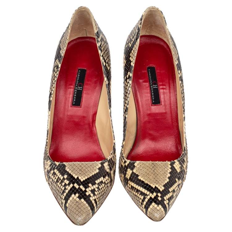 Pre Owned CH Carolina Herrera Beige/Brown Python Leather Pointed Toe Pumps Size 38