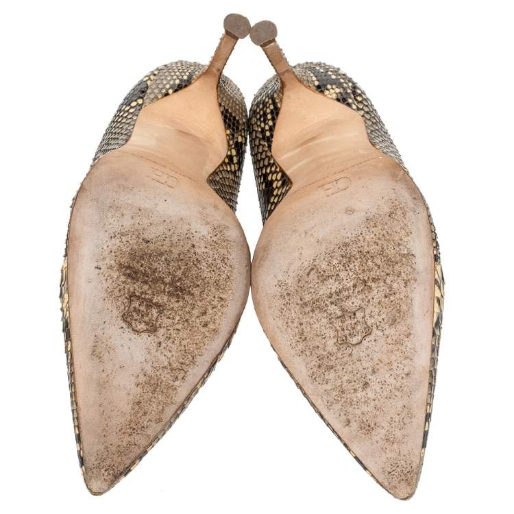 Pre Owned CH Carolina Herrera Beige/Brown Python Leather Pointed Toe Pumps Size 38