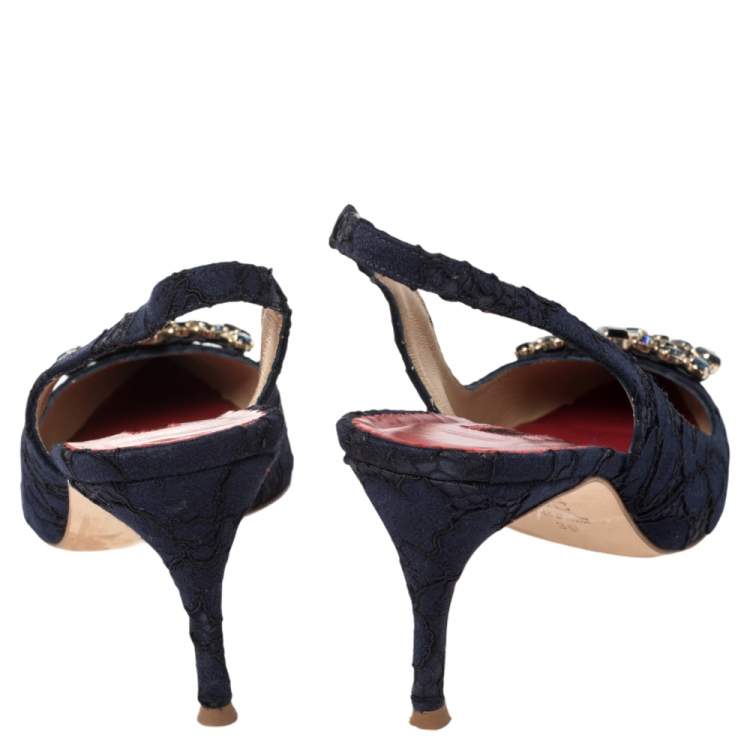 مملوكة مسبقًا CH Carolina Herrera Blue Lace Embellished Slingback Sandals Size 39