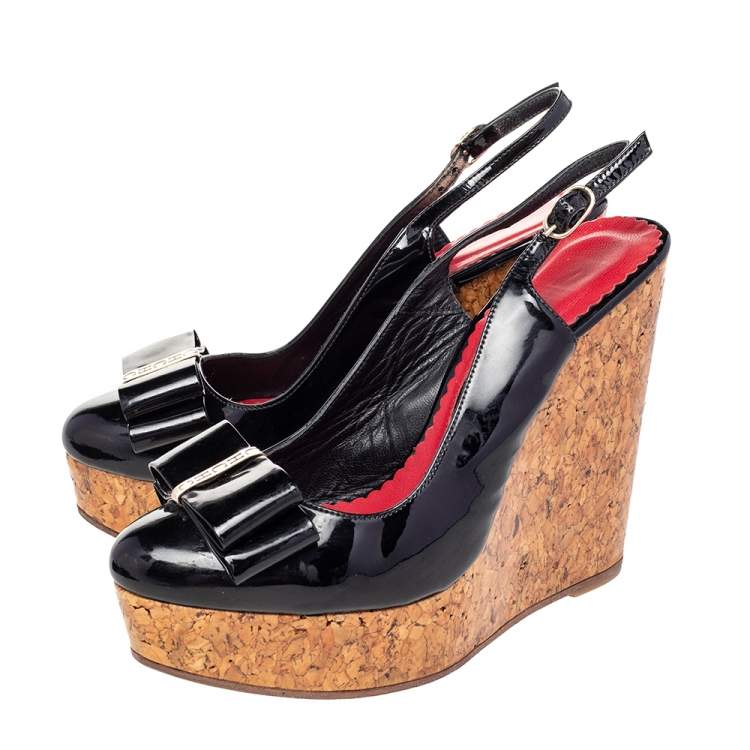 Pre Owned CH Carolina Herrera Black Leather Bow Wedge Sandals Size 37