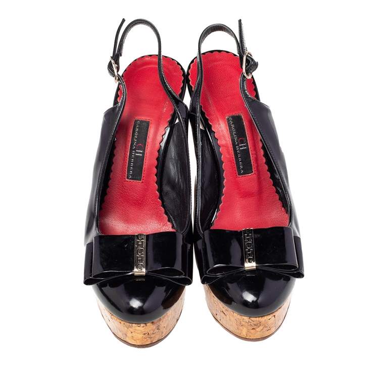Pre Owned CH Carolina Herrera Black Leather Bow Wedge Sandals Size 37