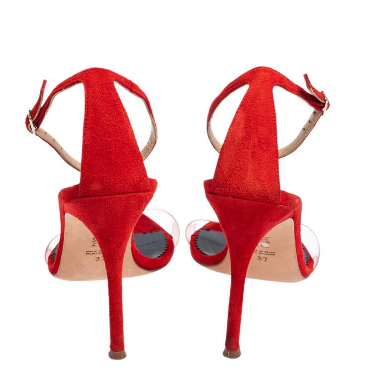 Pre Owned CH Carolina Herrera Red PVC and Suede Ankle Strap Sandals Size 37