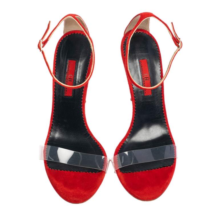 Pre Owned CH Carolina Herrera Red PVC and Suede Ankle Strap Sandals Size 37