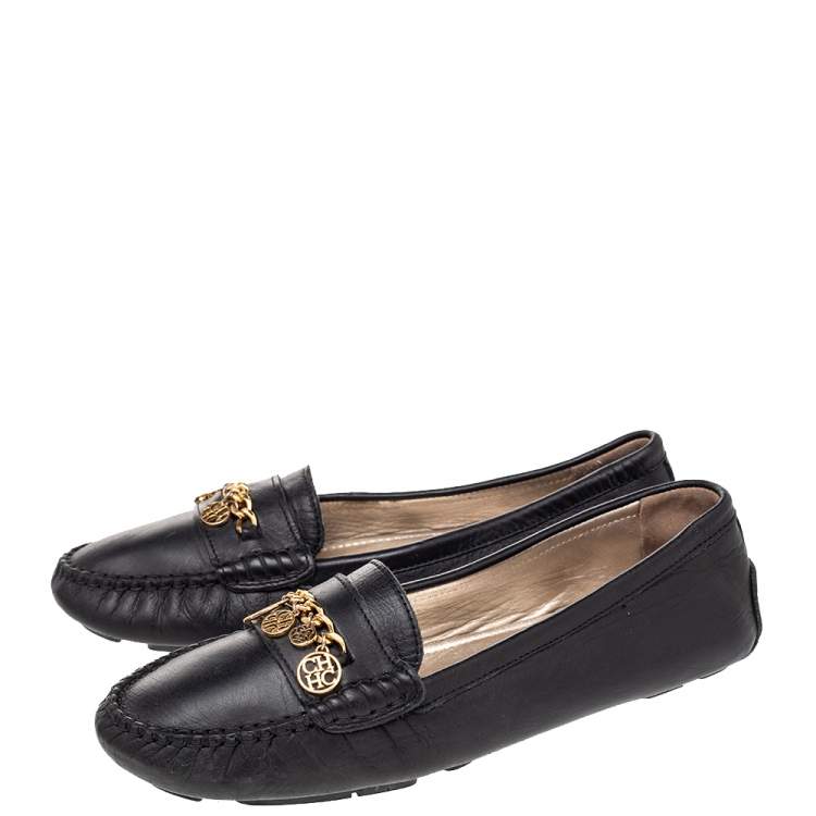 Pre Owned CH Carolina Herrera Black Leather Logo Charm Detail Slip On Loafers Size 41