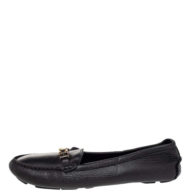 Pre Owned CH Carolina Herrera Black Leather Logo Embellished Slip On Loafers Size 38