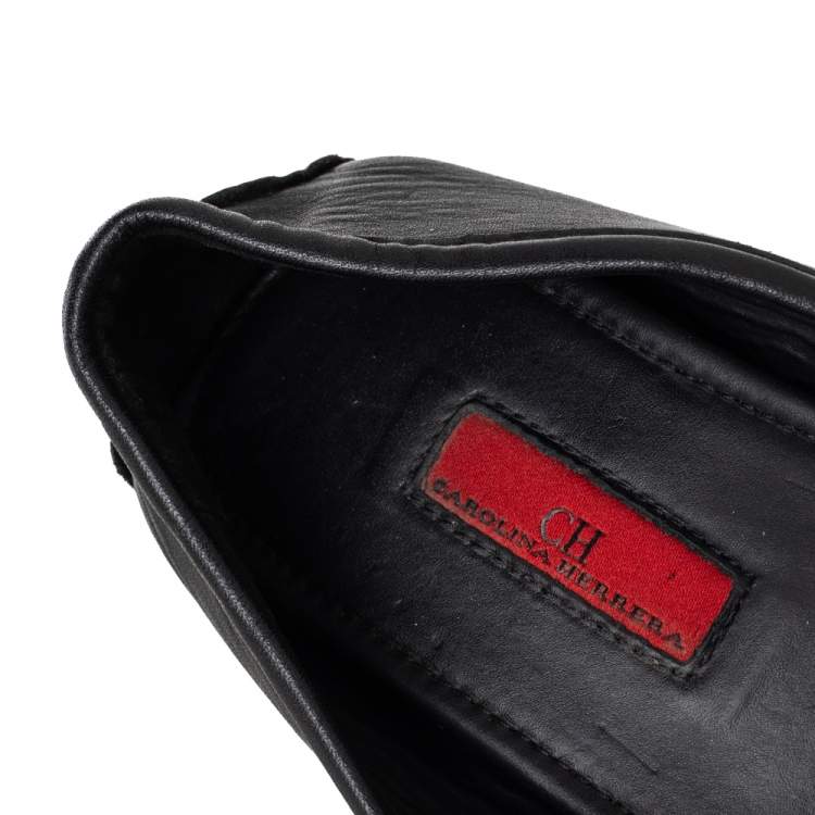 Pre Owned CH Carolina Herrera Black Leather Logo Embellished Slip On Loafers Size 38