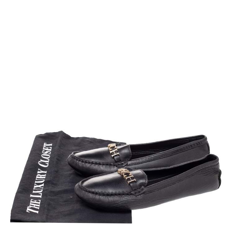 Pre Owned CH Carolina Herrera Black Leather Logo Embellished Slip On Loafers Size 38
