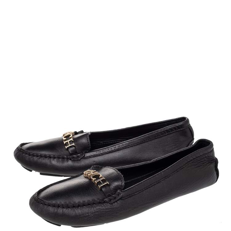 Pre Owned CH Carolina Herrera Black Leather Logo Embellished Slip On Loafers Size 38