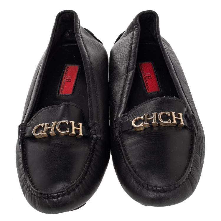 Pre Owned CH Carolina Herrera Black Leather Logo Embellished Slip On Loafers Size 38