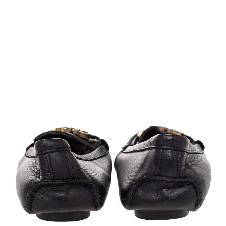 Pre Owned CH Carolina Herrera Black Leather Logo Embellished Slip On Loafers Size 38