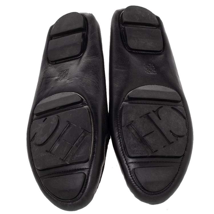 Pre Owned CH Carolina Herrera Black Leather Logo Embellished Slip On Loafers Size 38