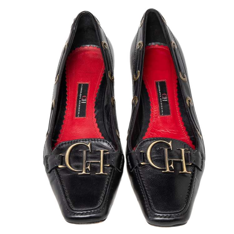 مملوكة مسبقًا CH Carolina Herrera Black Leather Logo Detail Loafer Pumps Size 37