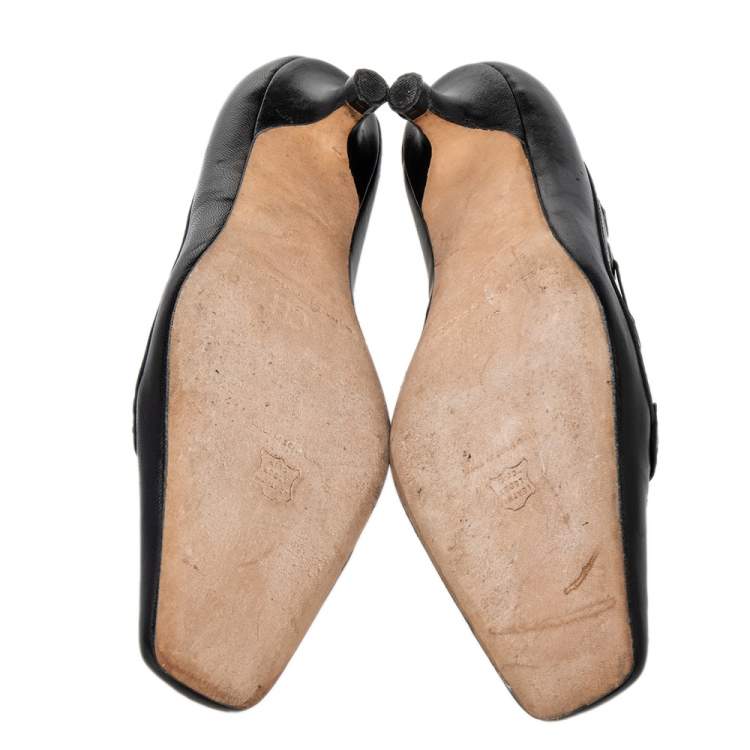 مملوكة مسبقًا CH Carolina Herrera Black Leather Logo Detail Loafer Pumps Size 37