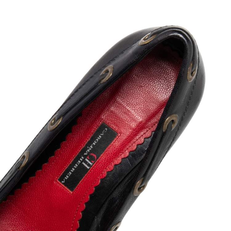 مملوكة مسبقًا CH Carolina Herrera Black Leather Logo Detail Loafer Pumps Size 37