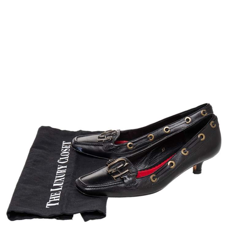مملوكة مسبقًا CH Carolina Herrera Black Leather Logo Detail Loafer Pumps Size 37