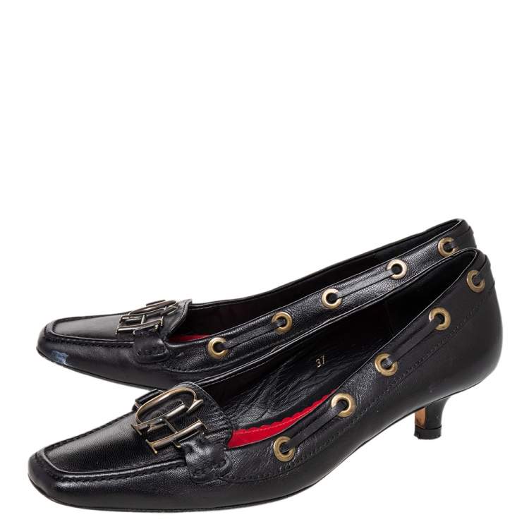 مملوكة مسبقًا CH Carolina Herrera Black Leather Logo Detail Loafer Pumps Size 37