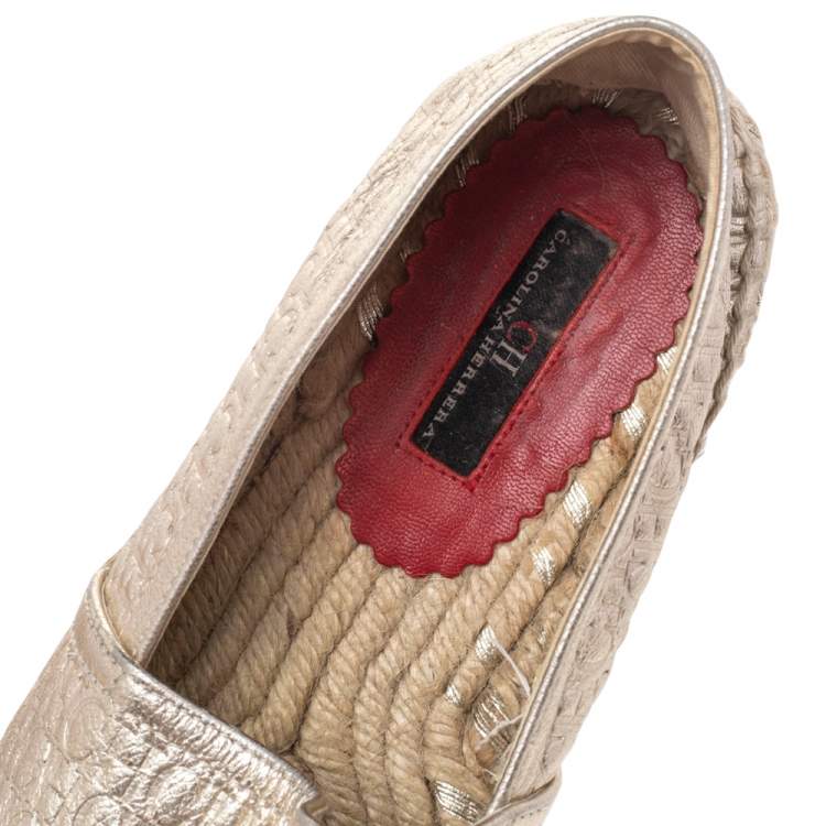 Pre Owned CH Carolina Herrera Metallic Gold Leather Espadrille Flats Size 40