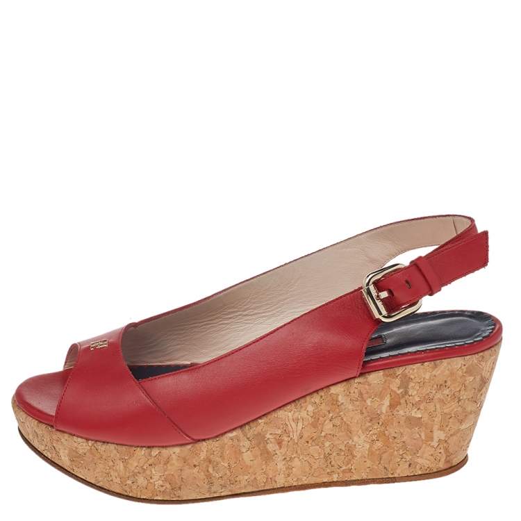 Pre Owned CH Carolina Herrera Red Leather Cork Wedge Platform Peep Toe Slingback Sandals Size 37