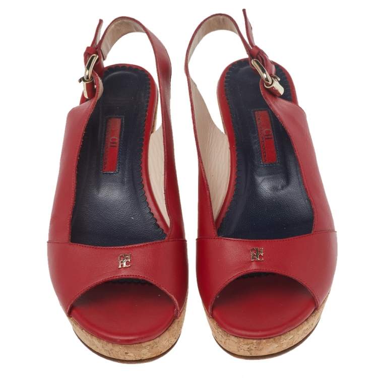 Pre Owned CH Carolina Herrera Red Leather Cork Wedge Platform Peep Toe Slingback Sandals Size 37