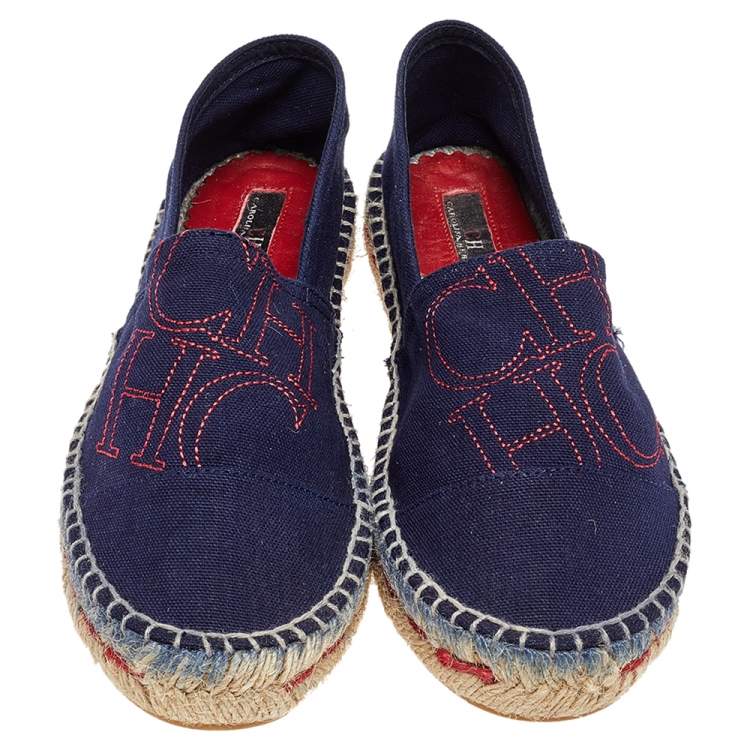Pre Owned CH Carolina Herrera Navy Blue Canvas Espadrille Flats Size 37