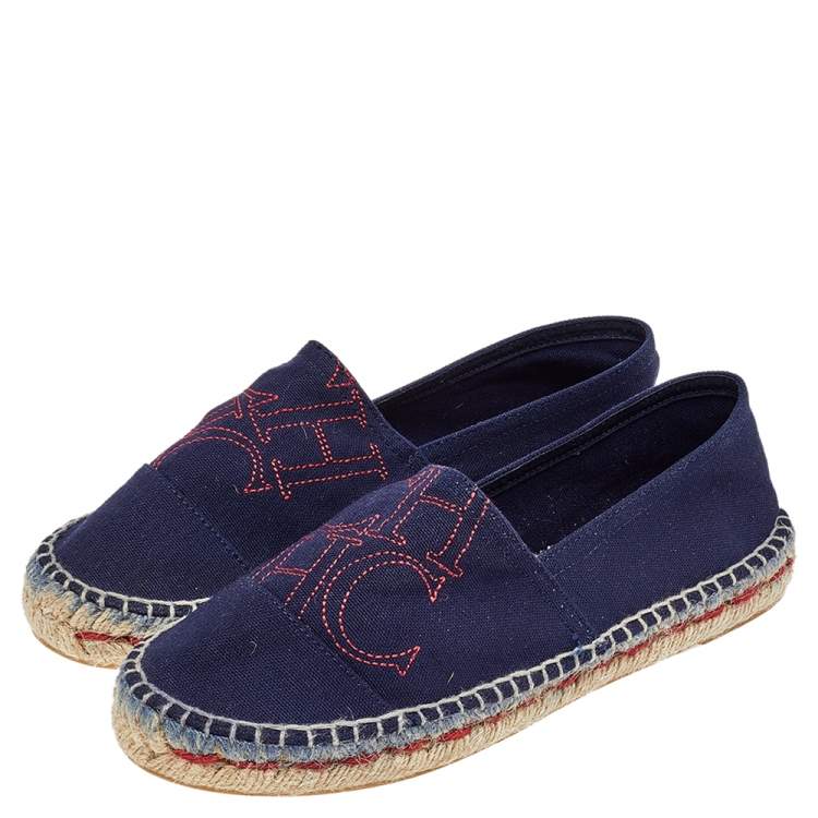 Pre Owned CH Carolina Herrera Navy Blue Canvas Espadrille Flats Size 37
