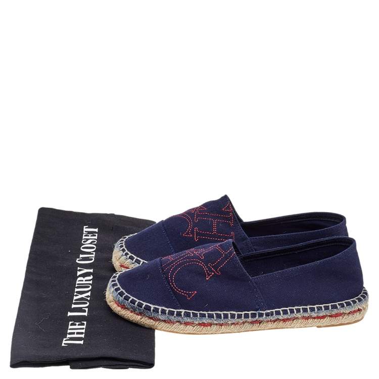 Pre Owned CH Carolina Herrera Navy Blue Canvas Espadrille Flats Size 37