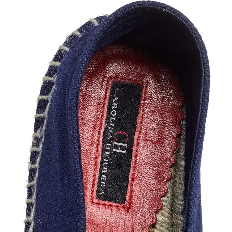 Pre Owned CH Carolina Herrera Navy Blue Canvas Espadrille Flats Size 37