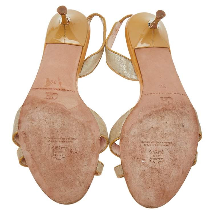 Pre Owned CH Carolina Herrera Gold/Beige Fabric And Leather Slingback Sandals Size 38