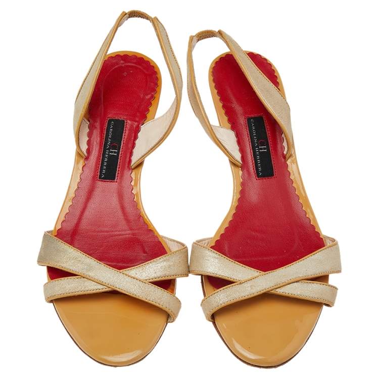 Pre Owned CH Carolina Herrera Gold/Beige Fabric And Leather Slingback Sandals Size 38