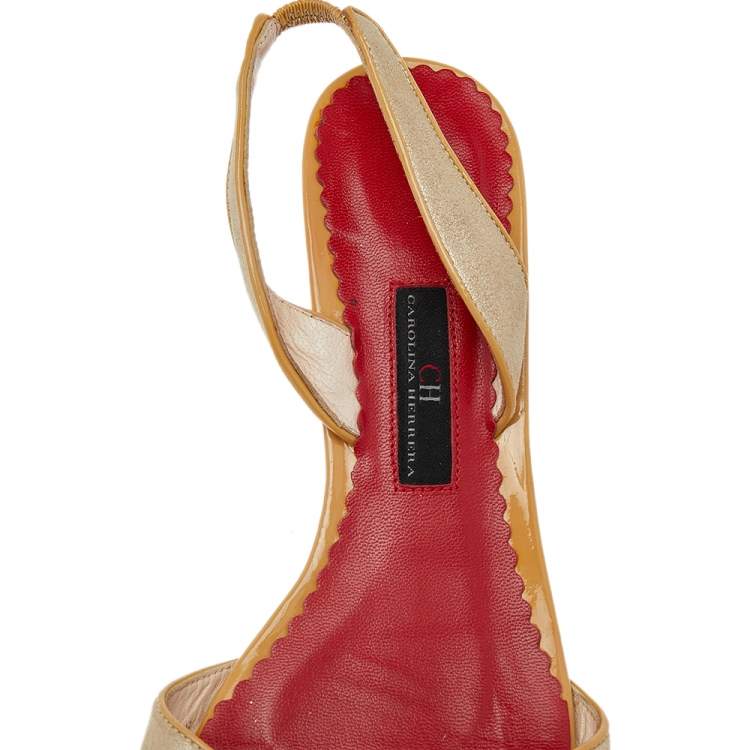 Pre Owned CH Carolina Herrera Gold/Beige Fabric And Leather Slingback Sandals Size 38