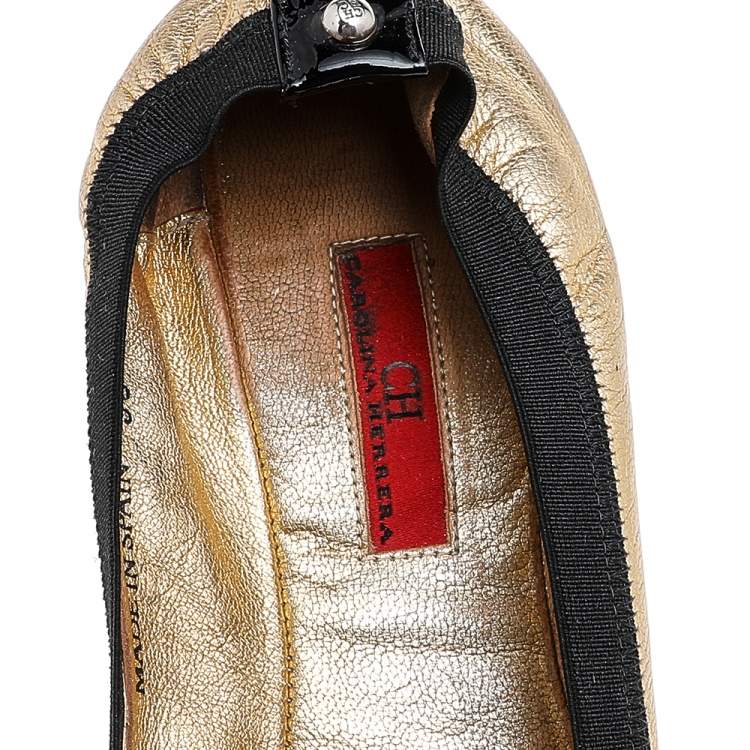 Pre Owned CH Carolina Herrera Gold/Black Leather Bow Ballet Flats Size 38