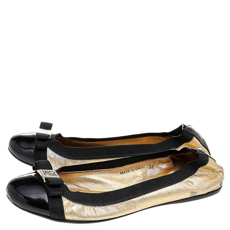 Pre Owned CH Carolina Herrera Gold/Black Leather Bow Ballet Flats Size 38