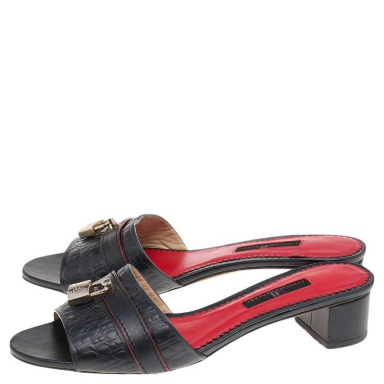 Pre Owned CH Carolina Herrera Monogram Embossed Leather Traveller Locked Slide Sandals Size 37