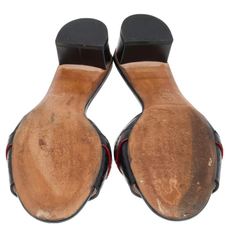 Pre Owned CH Carolina Herrera Monogram Embossed Leather Traveller Locked Slide Sandals Size 37