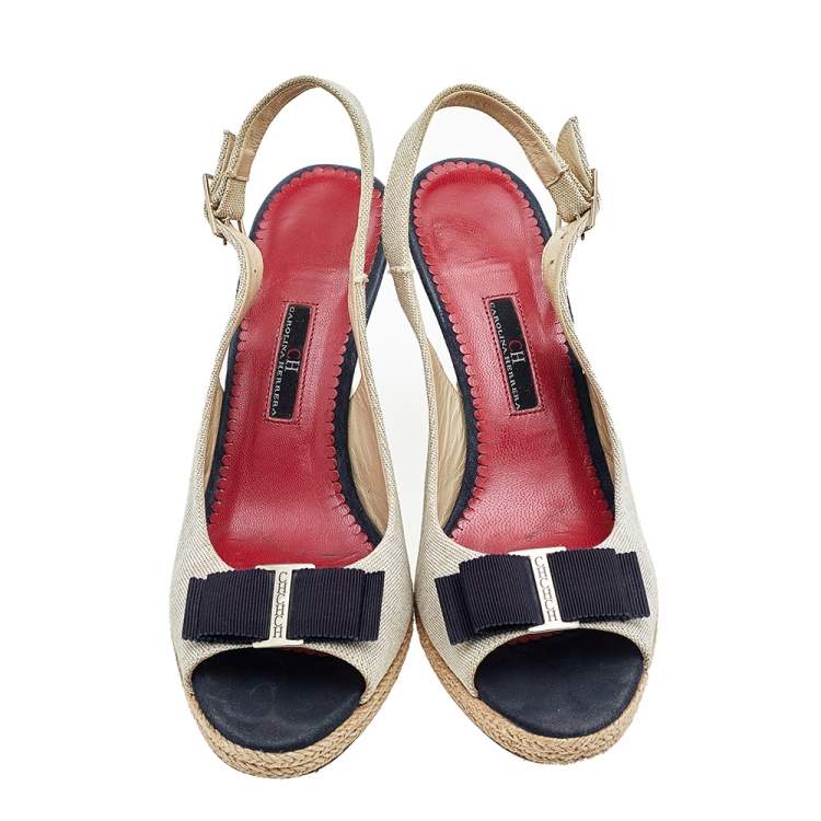 Pre Owned CH Carolina Herrera Beige Fabric Wedge Sandals Size 40