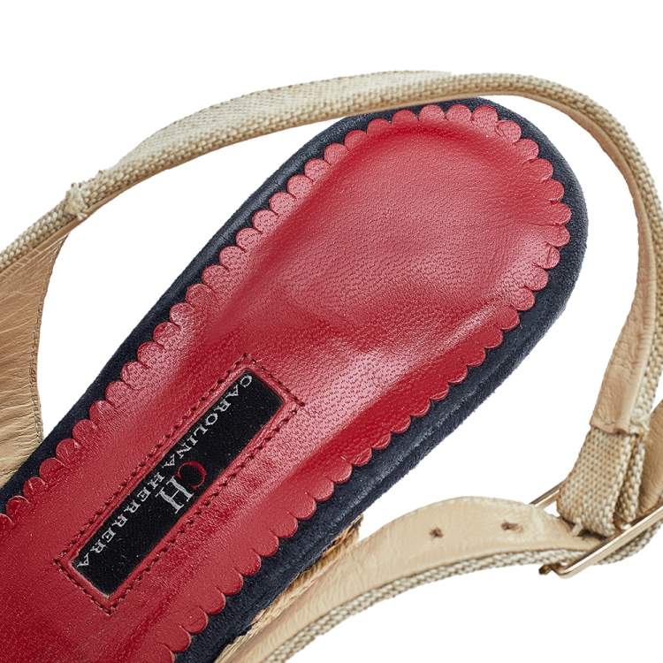 Pre Owned CH Carolina Herrera Beige Fabric Wedge Sandals Size 40